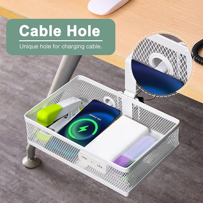 ROSYLINE Under Desk Storage Basket Hanging Drawer Tray, Clamp On Organizer | Thickened C-Clamp, High Load No Deformation Sag-Proof, Steel Construction, Clip-On No Drill Mount, Office & Household Storage