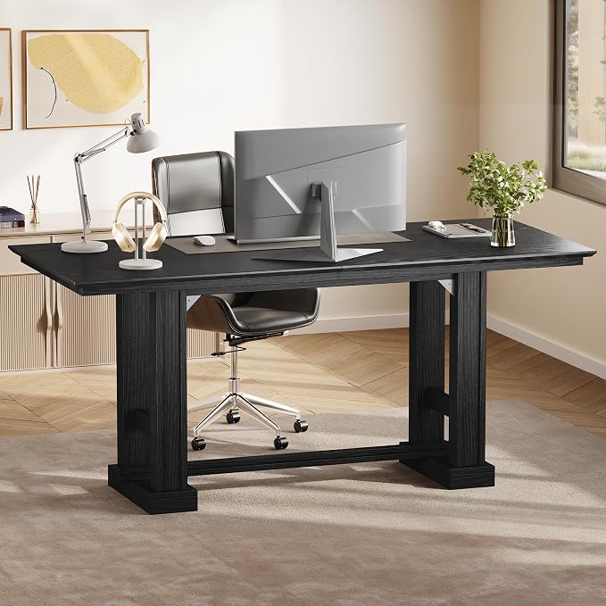 DWVO 70" Computer Desk, Farmhouse Executive Office Workstation, Black | Large desktop surface, sturdy wooden legs, modern farmhouse design, for home office writing work, easy assembly