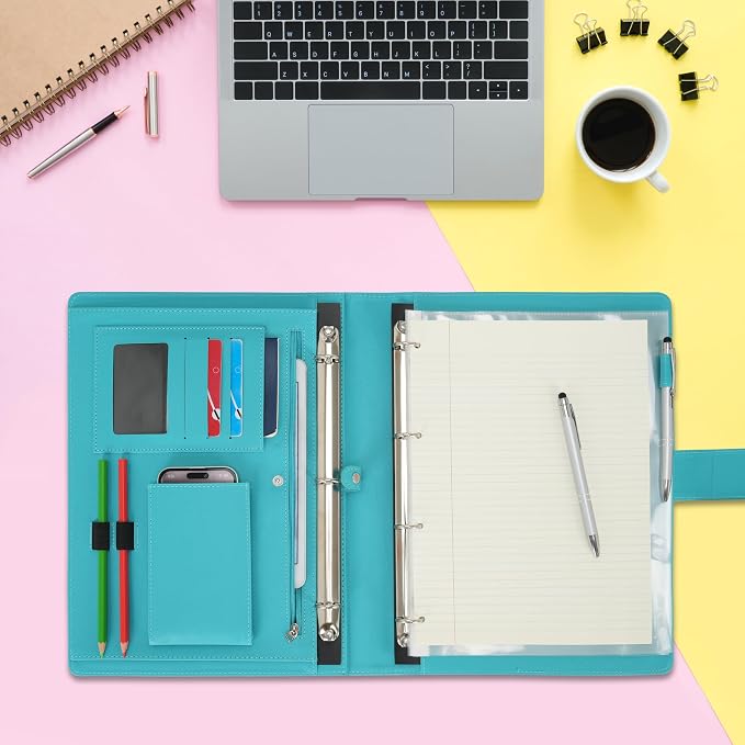 Wonderpool A4 PU Leather 3 & 4 Ring Holder Writing Portfolio Multi Document Case with Removable Binder Clipboard and Functional Pocket for Organizer Office Travel School (Cyan)
