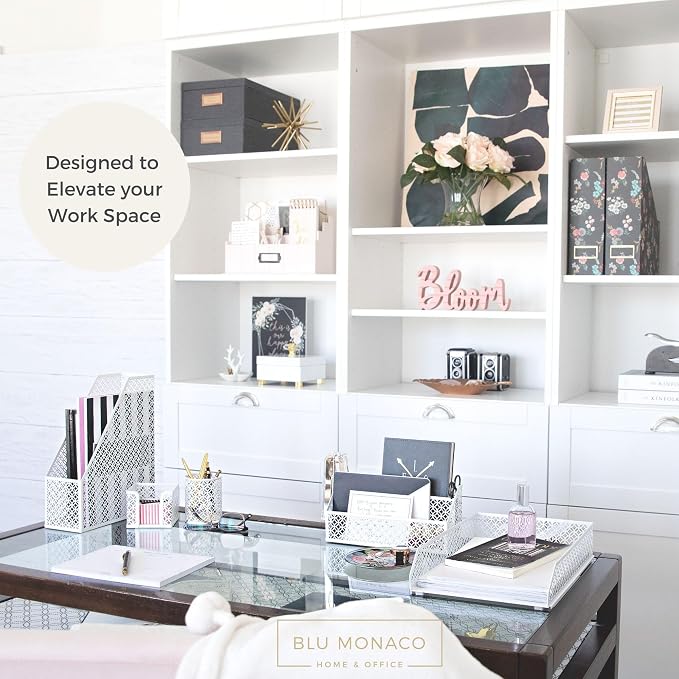 BLU MONACO | White Desk Organizer Set 6 Piece | Mail Sorter Organizer Countertop with Letter Sorter for Desk | Standing File Organizer for Desk with Pen Holders