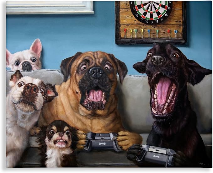 Stupell Industries Funny Dogs Playing Video Games Livingroom Pet Portrait, Designed by Lucia Heffernan Canvas Wall Art, Blue, 16x20 | Stupell Industries · By Lucia Heffernan · Ready to hang · Playful gift for gamers and pet lovers · Made in USA