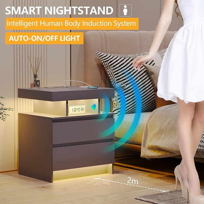dnbss LED Nightstand with Charging Station, Smart Bedside Table, Grey | Modern Night Stand, Floating Desktop, 2 Drawers, 1 Compartment, Human Body Sensor, for Bedroom Living Room Office Storage