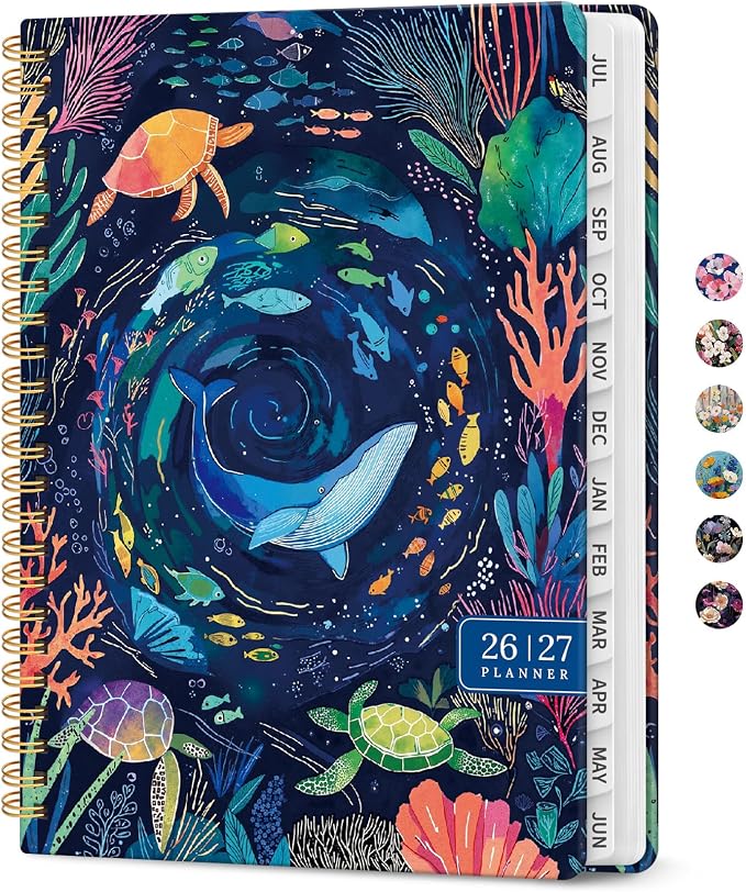 Planner 2026-2027, Monthly & Weekly Jul 2026-Jun 2027 Calendar Book | 6.3" x 8.5", Hardcover Spiral Planner with Tabs, School & Daily Pretty Agenda for Women, Students, Teachers, Ocean Whirl