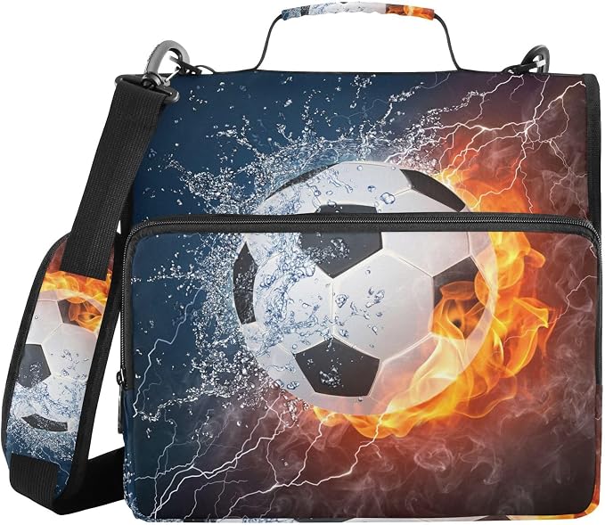 Water Fire Soccer Zipper Binder Bag 3 Ring Binder with Shoulder Strap Zip Up 500 Sheets Capacity Multi Pockets for School Office Supplies