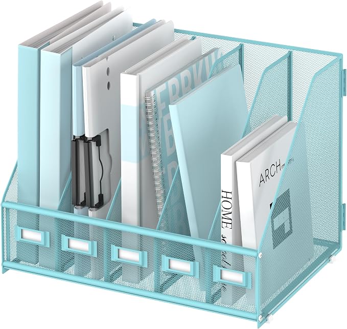 Desk Organizers Metal Desk Magazine File Holder with 5 Vertical Compartments Rack File Organizer for Office Desktop, Classroom, Home Workspace, Blue