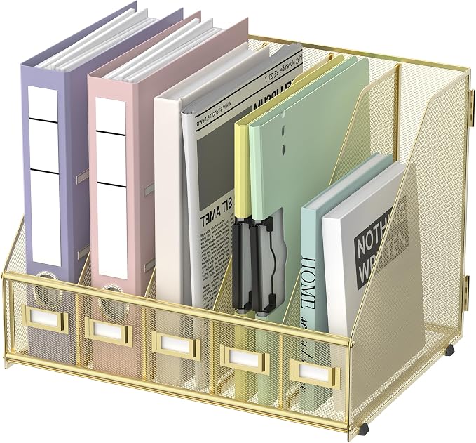 Desk Organizers Metal Desk Magazine File Holder with 5 Vertical Compartments Rack File Organizer for Office Desktop, Home Workspace, Gold Plus