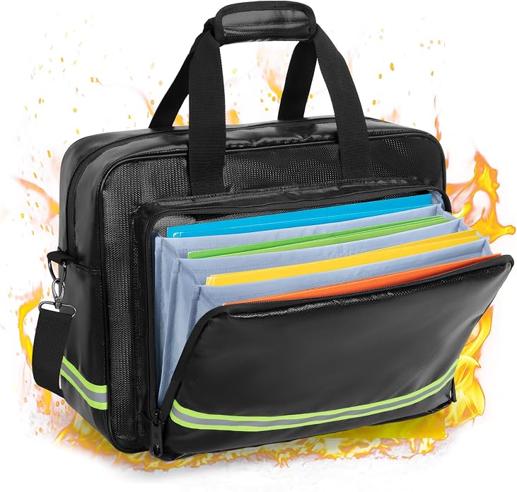 Fireproof Document Bag with Accordion File Organizer | Document Safe Storage 15.6" Laptop Sleeve, Reflective Strip, Handle & Shoulder Strap