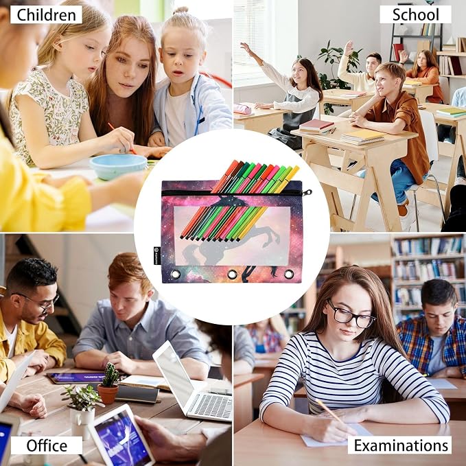 Unicorn Galaxy Sky Pencil Pouch for 3 Ring Binder, 2 Pack Waterproof Pencil Bags Clear Window Pencil Case Zipper School Office Supplies