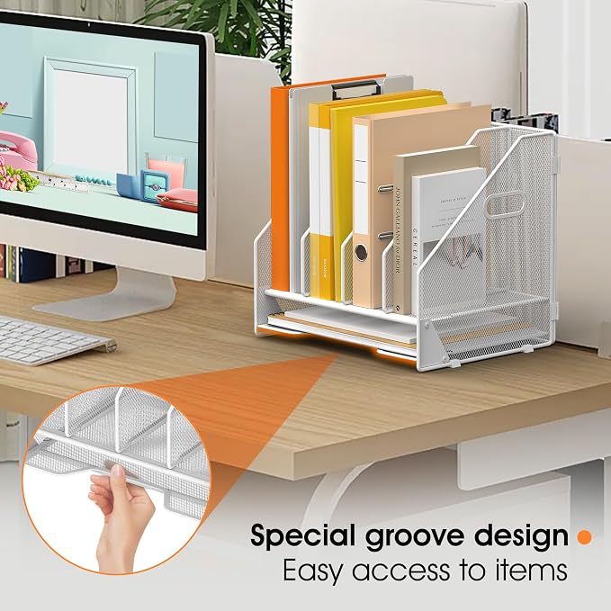 4 Vertical Mesh Desk Organizer with Paper Letter Tray, White | Sorting racks with lower letter tray section. Multipurpose mesh desktop space saver for home office and school