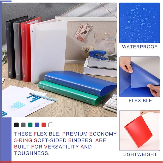 Fulmoon 6 Pack 1 Inch Plastic 3 Ring Binders with Pockets, Classic Colors | Flexible Covers with Round Rings and Front Pockets for Organizing Papers at School, Office, Meetings and Presentations