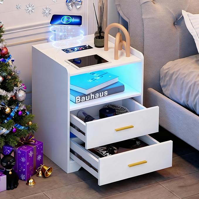 dnbss RGB Nightstand with Charging Station, Smart Bedside Table, White | LED Night Stand, 2 Drawers, 1 Compartment, Human Body Sensor, Modern End Side Table for Bedroom Living Room Office Storage