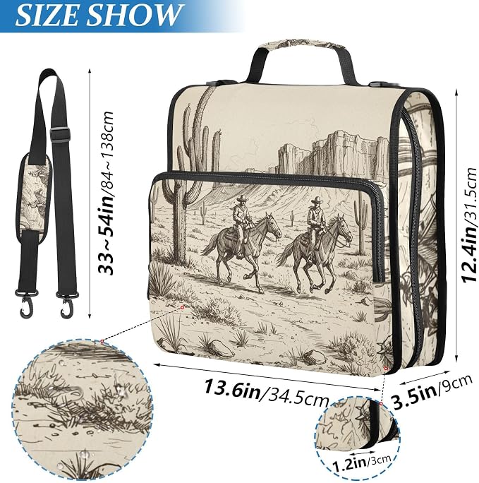 3 Ring Zipper Binder with Shoulder Strap Western Cowboy Cactus 2 Inch Zippered Binder Bag 500 Sheet Capacity Multi Pockets for School Supplies