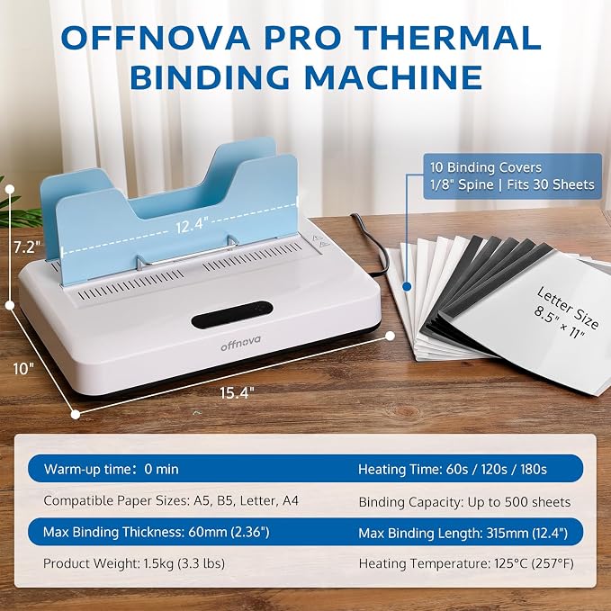 OFFNOVA Thermal Binding Machine 500 Sheets Capacity, No Preheat, Air Cooling, Book Binder Machine with 10 Binding Covers, A4/A5/Letter Size Business Documents, Office and Homeschool Projects,Blue