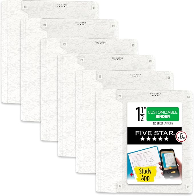 Five Star 3-Ring Binder + Study App, 6 Pack, 1.5 Inch Binder with D Rings and Customizable Clear View Cover, 375 Sheet Capacity, White (261460B-ECM)