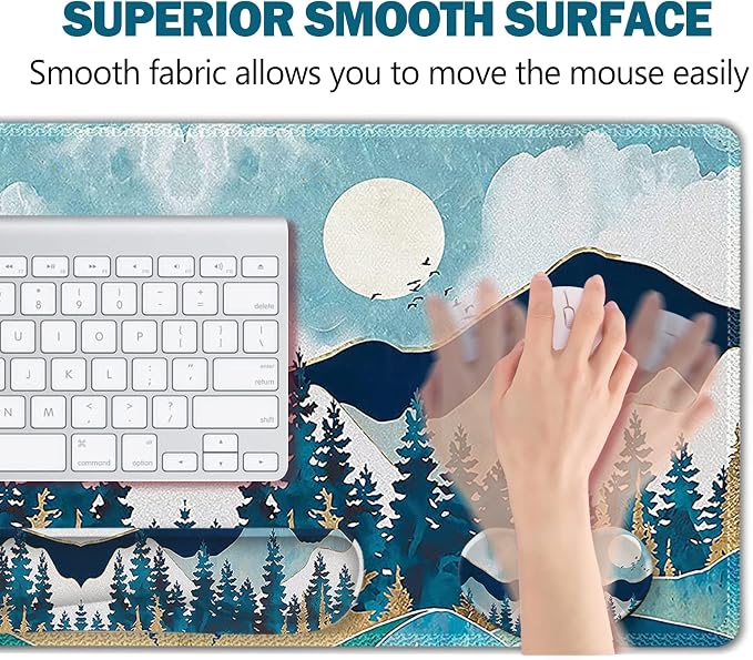 Large Gaming Mouse Pad Set, Keyboard Wrist Rest Support + Mouse Wrist Cushion + Extended Mousepad + Coaster, 35x15.5in Multifunctional Desk Mat, Abstract Mountain