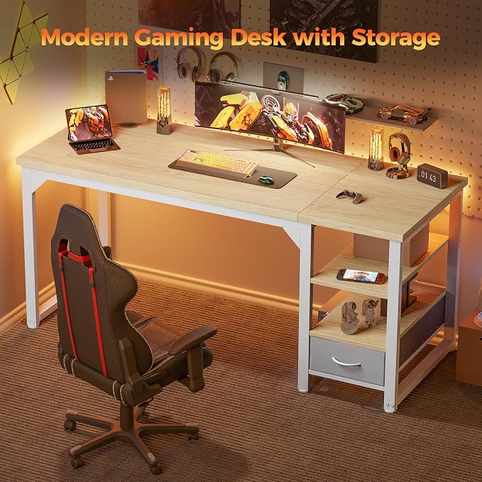 48 in Computer Desk with Drawer, 1" Thick Reversible Office Desk | Modern Writing Table with Storage Shelves, Heavy Duty Industrial Study Desk for Home Bedroom Work