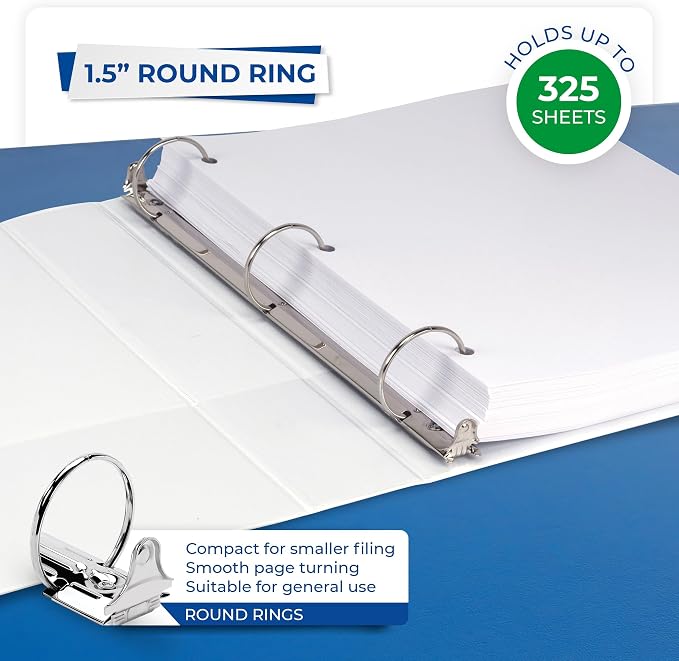 Samsill 1.5 Inch 3 Ring Binders, Economy Round Ring, Clear View Cover, 325 Sheet Capacity - for School, Home, Office - White, 6 Pack