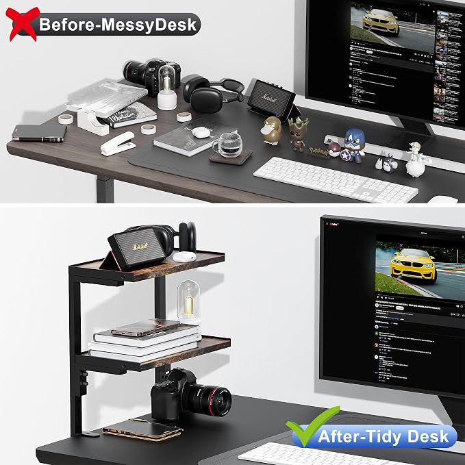 2-Tier Desk Shelf | Desk Organization Expandable Clamp on Desk Shelf Desktop Accessories for Offices and Game Rooms (Wood)