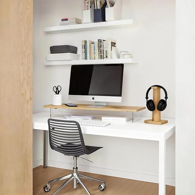 Wood Monitor Stand Riser with Acrylic Legs, Computer Screen Stand Desk Organizer, 31.5 x 7.9 x 3.1 inch, Hold up to 66 lbs (Natural, 31.5"×7.9"×3.1")