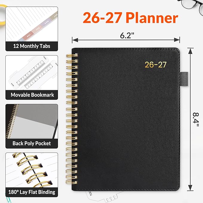 SUNEE 2026-2027 Weekly & Monthly Planner 6.4"x8.5" - 12 Month (July 2026 - June 2027), Vegan Leather Cover Planner Academic Year Calendar, Pocket, Notes, Monthly Tab, Black