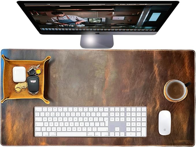 Leather Desk Mat Set (32x16) - Full Grain Large Computer Gaming Mouse Pad | Non-Slip, Table Cover Blotter Protector, Smooth Control, Stitched Edges, Desktop Laptop Accessory with Valet Tray & Coaster