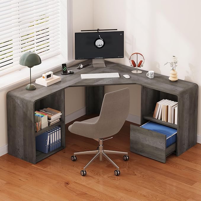 Computer Desk, Grey | Corner Desk w/ Fluted Storage, Sliding Doors, Drawers & 4AC+USB-C. Reversible Fits Any Room Layout For Home Office