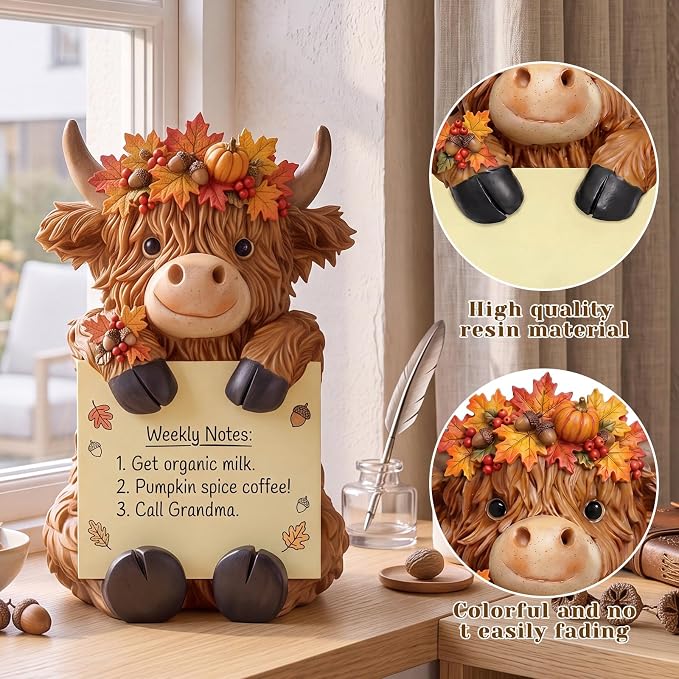 Thenshop Fall Highland Cow Pop up Sticky Note Dispenser with 100 Sheets | Resin Highland Cow Sticky Note Holder, Highland Cow Desk Accessories, Autumn Maple Leaves Berry, Classroom School, 3 x 3 Inch