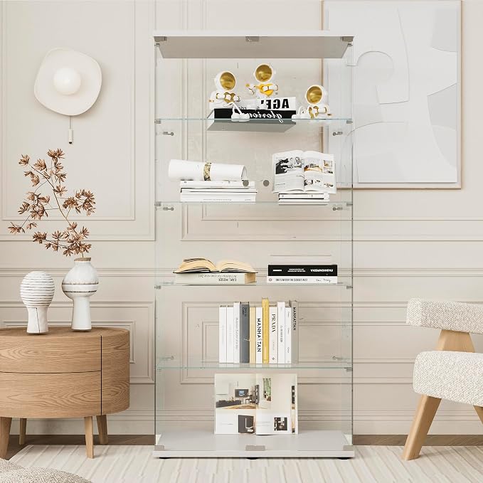FLYMUHJIA Curio Cabinets with Tempered Glass Doors - 5-Shelf Double Door China Cabinet for Display and Collectibles - White