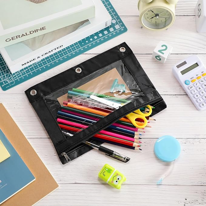 30 Packs Pencil Pouch 3 Ring Binder Pen Pouch Cloth Pencil Pouches Zipper Pen Case Bag with Clear Window for School Office Writing Supplies Gifts(Black)