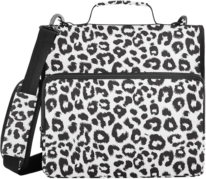 Black and White Leopard Print 3 Ring Binder Bag 1.5 inch Binder Organizer with Zipper Shoulder Strap 500 Sheet Documents Storage for School Office