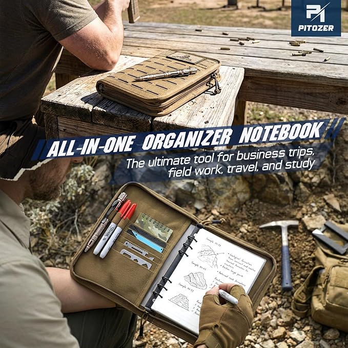 Molle Notebook Cover with Detachable A5 Clear Plastic 6-Ring Binder | 6.9x10" Zip Book Cover, 80 Refill Line Papers, 1“ O-Ring Padfolio binder, for Gift Planners Travel Feild Work School