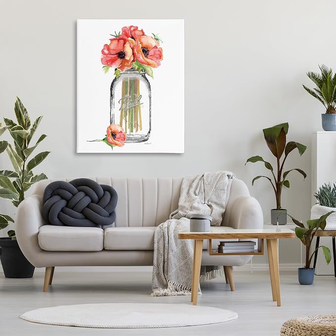 Mason Jar Poppies Floral Still Life, 36 x 48 Inch Canvas Wall Art | Stupell Industries · By Amanda Greenwood · Ready to hang · Ideal for cottage decor · Made in USA