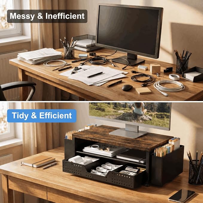 ECOLOVI Desk Organizer and Accessories, 2-Tier Computer Monitor Stand Rise with Storage Drawer & 2 Pen Holders, Laptop & Printer Stand for Desktop, Workspace Organizers for Office Supplies (Brown)