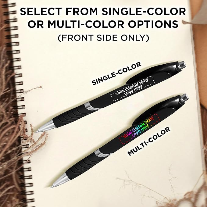 DISCOUNT PROMOS Ballpoint Pens With Rubber Grip - 10 pack - Customizable Text, Logo - Black Ink Ball Point Pen with Soft Touch Plastic - Black