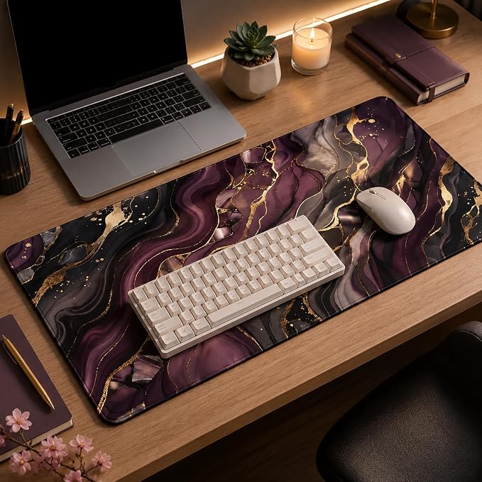 Large Mouse Pad 31.5x15.7 Inch Purple Marble Gold Foil Desk Mat XL | Aesthetic Purple Marble Design with Gold Foil,XL Keyboard Mouse Pad with Non-Slip Rubber Base for Home Office & Computer