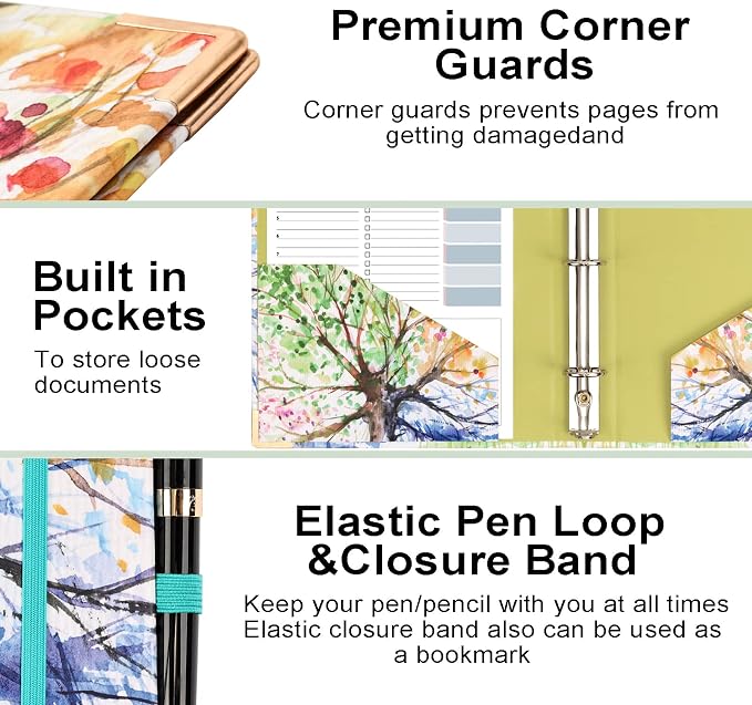 EYROZILL Mini 3 Ring Binder 1 Inch for 5.5" x 8.5" Paper with 5-Tab Dividers EYROZILL Cute Mini Binder for School/Office Supplies and Home, Season Tree