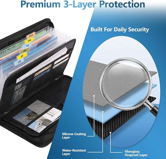 Fireproof Accordion File Organizer Bag A4 13 Pockets Black | Expandable Document Folder, With Handle, Portable, Fire Resistant