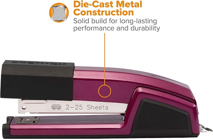 Bostitch Office Epic Metal Desk Stapler, 25 Sheet, Staple Remover, Purple | Die-cast body opens 180 degrees for bulletin boards, with a temporary stapling option and a hidden slot for backup fasteners.