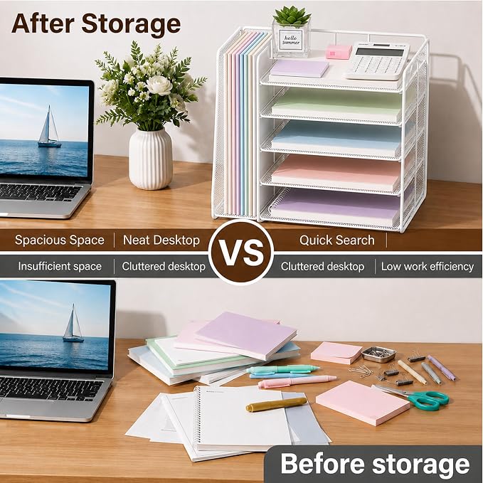 Desk Organizer, 5-Tier Paper Organizer Letter Tray, White | Desk Organizers and Accessories, Office Desk Accessories & Workspace Organizers, Desktop File Organizer for Office Supplies