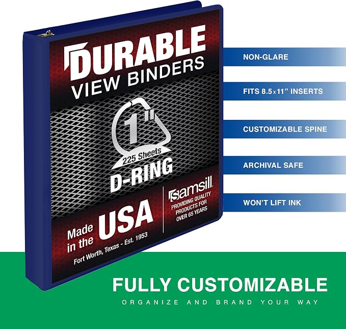 Samsill Durable 1 Inch Binder, D Ring Binder, Customizable Clear View Cover, Blueberry, Holds 225 Pages