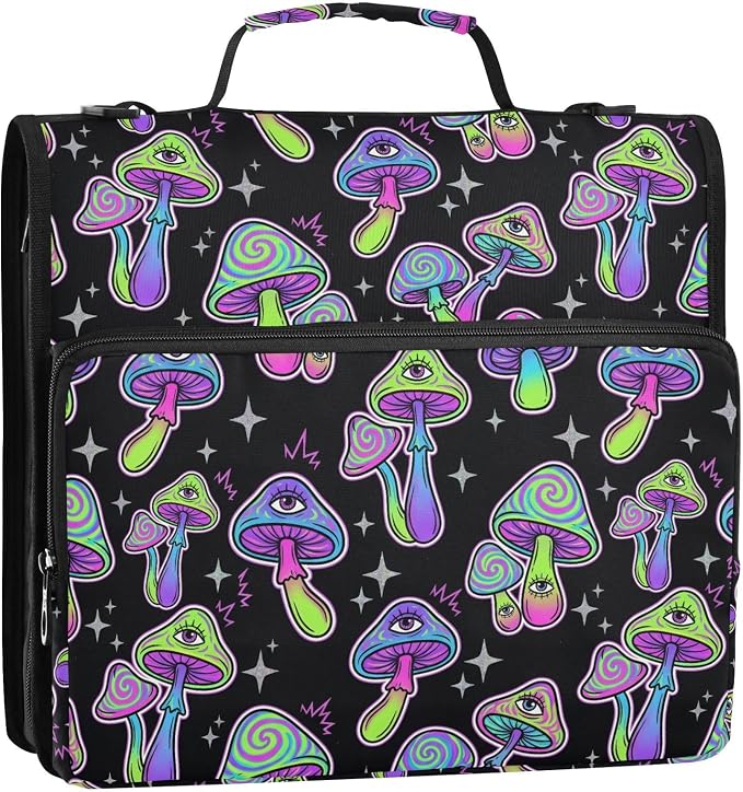 Mushrooms Eyes Black Print Zipper Binder Bag 3 Ring with Shoulder Strap & Handle Multi Pocket Binder Organizer Bag Large Capacity for School Office Supplies
