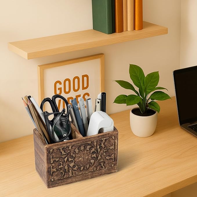 Mie Creations 2 Slot Rustic Pen Holder, Wooden Office Organizer 6'' | Large Pencil Stand for Desktop Table, Floral Handcarved Wood Desk Accessories, Multipurpose School Study Home Supplies