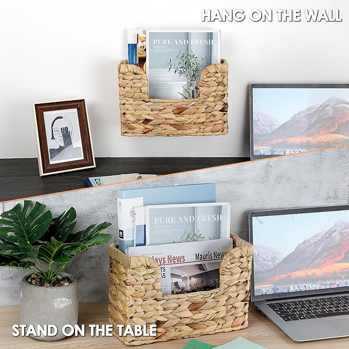 BTSKY Woven Magazine Holder, Hanging Water Hyacinth Mail Baskets for Wall | Wall Mounted Mail Organizer for Magazines, Files, Books, Magazine Rack Hanging Basket for Home & Office - 11.8x4.3x7.9 Inch