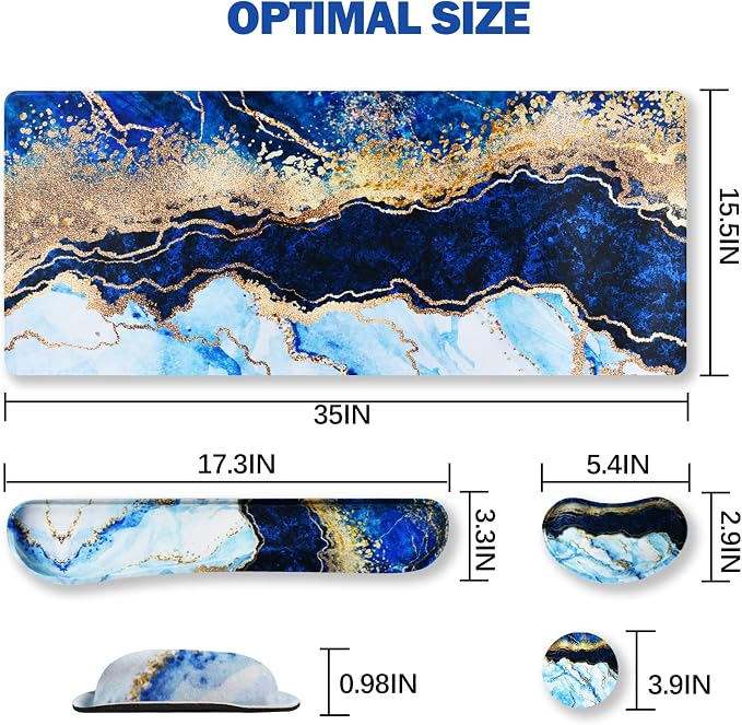 Large Gaming Mouse Pad, Keyboard Wrist Rest Pad & Wrist Support Mousepad Set, Stitched Edge, Extended, Non-Slip Base, Memory Foam,Multifunctional Desk Mat 4pcs for Office & Home, Blue Marble