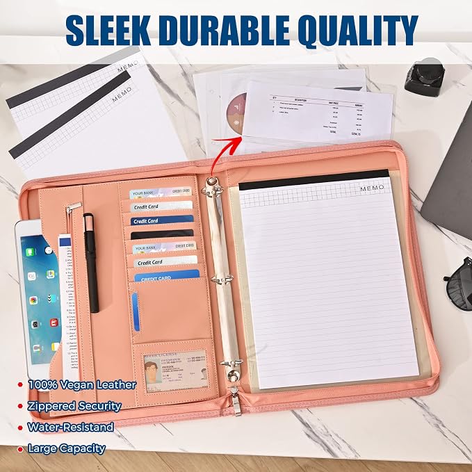 3-Ring Padfolio Portfolio Binder Organizer,PU Leather Folder Binder Business Planner Notebook Zippered Portfolio for Women/Men with Document Sleeve,Letter/A4 Size Clipboard