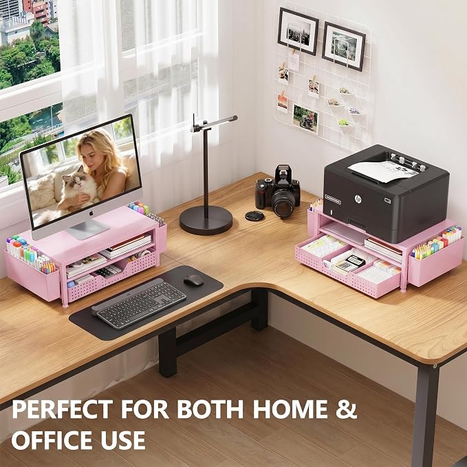 Desk Organizers and Accessories, Computer Monitor Stand Riser with Drawer and 2 Pen Holders, Printer & Laptop Stand, Office Desk Accessories & Workspace Organizers for Home Office Supplies, Pink