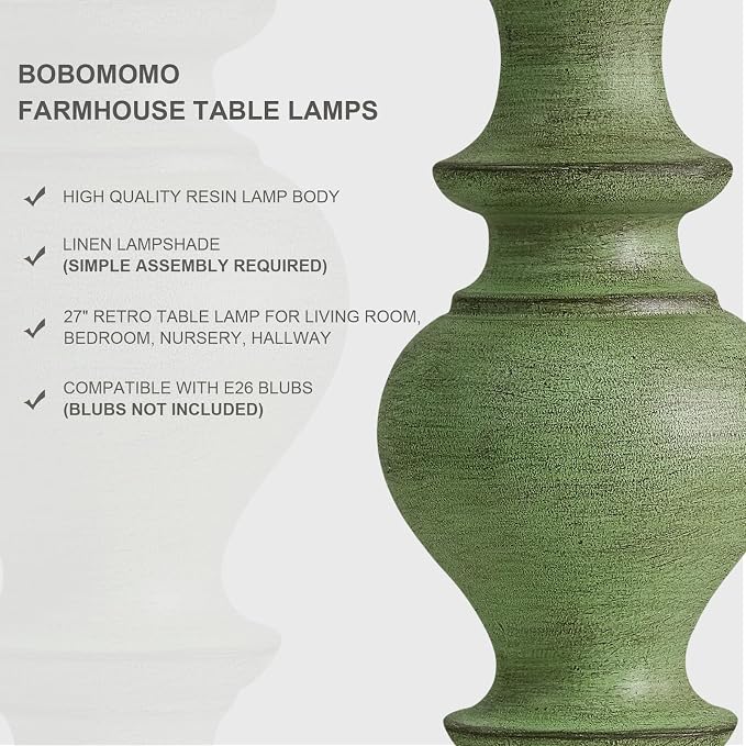 BOBOMOMO 27" Sage Green Table Lamps Set of 2, Large Farmhouse Resin Lamps with Linen Shades, Green Vintage Lamps for Living Room, Bedroom, or Entryway, Rustic Elegant Home Décor