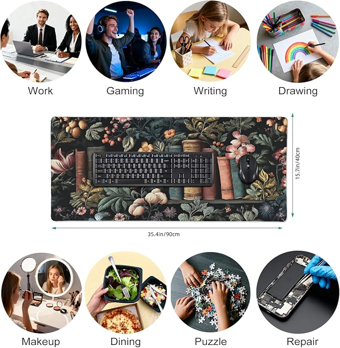 Dark Academia Desk Mat, Floral & Book Pattern XXL Mouse Pad with Anti-Slip Base & Stitched Edges, Large Desk Pad for Computer Keyboard, Office & Home Decor for Women
