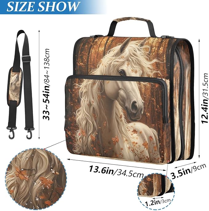 ALAZA Zipper Binder 3 Ring White Horse in The Forest Binder Organizer with Zipper and Shoulder Strap Large Capacity Multi-Pocket Trapper Keeper File Folder for Office Supplies