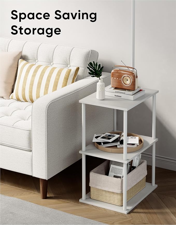 Floor Lamp with Table, Night Stand with Lamp, Narrow Side Table with 3CCT LED Bulb, Small Coffee Table, Modern End Table with Storage Shelves for Living Room Bedroom Home Décor, White
